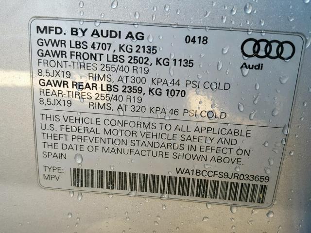 WA1BCCFS9JR033659 - 2018 AUDI Q3 PREMIUM SILVER photo 10