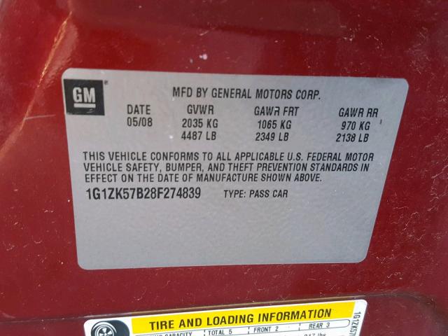 1G1ZK57B28F274839 - 2008 CHEVROLET MALIBU LTZ წითელი ფოტო 10