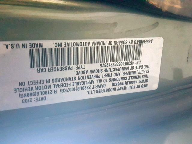 4S3BE635337212875 - 2003 SUBARU LEGACY L GREEN photo 10