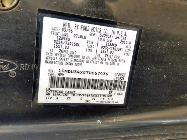 1FMDU34X0TUC67436 - 1996 FORD EXPLORER BLACK photo 10