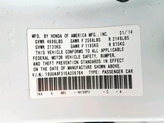 19UUA8F51EA006764 - 2014 ACURA TL TECH WHITE photo 10