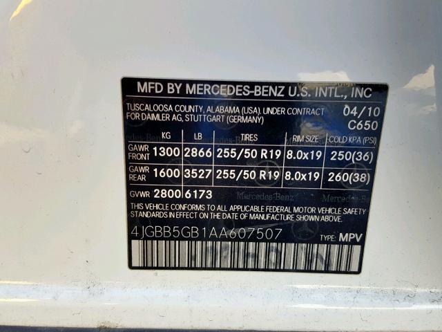 4JGBB5GB1AA607507 - 2010 MERCEDES-BENZ ML 350 WHITE photo 10