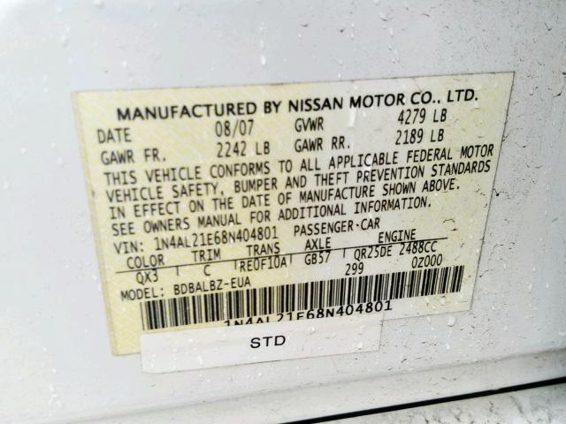 1N4AL21E68N404801 - 2008 NISSAN ALTIMA 2.5 WHITE photo 10