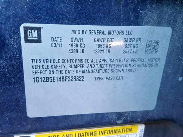 1G1ZB5E14BF328322 - 2011 CHEVROLET MALIBU LS ლურჯი ფოტო 10