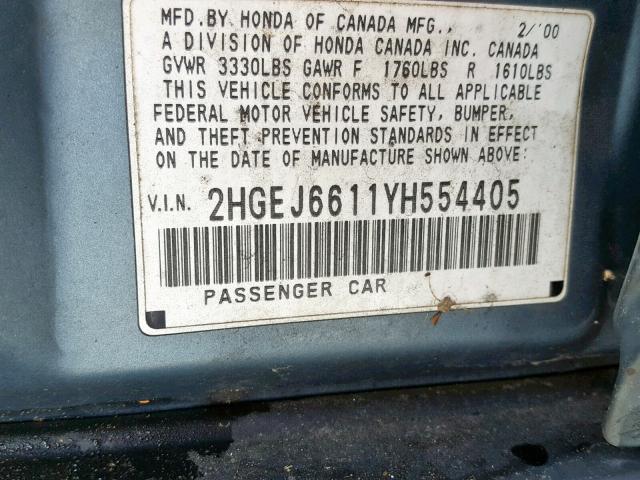 2HGEJ6611YH554405 - 2000 HONDA CIVIC BASE Mavi foto 10