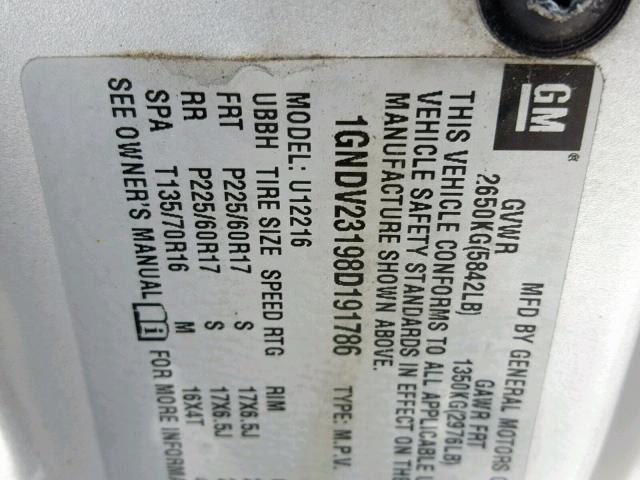 1GNDV23198D191786 - 2008 CHEVROLET UPLANDER L Gümüş foto 10