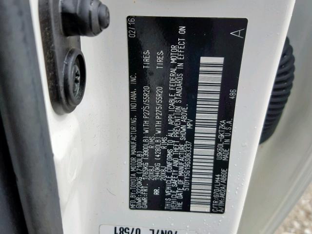 5TDYY5G19GS063337 - 2016 TOYOTA SEQUOIA PL WHITE photo 10