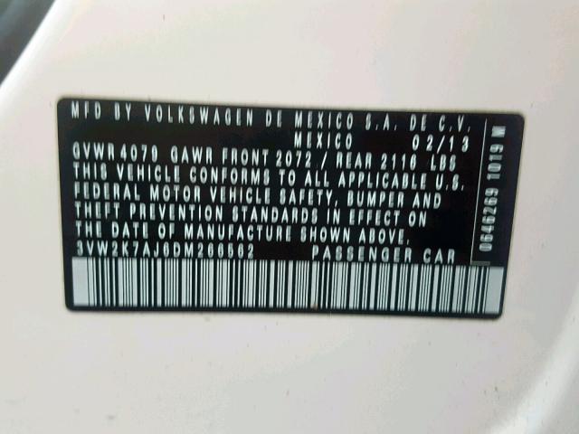 3VW2K7AJ6DM266562 - 2013 VOLKSWAGEN JETTA BASE Սպիտակ լուսանկար 10