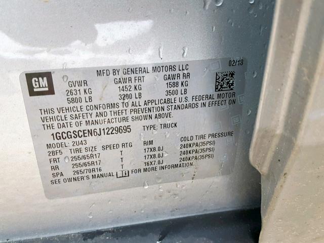 1GCGSCEN6J1229695 - 2018 CHEVROLET COLORADO L SILVER photo 10