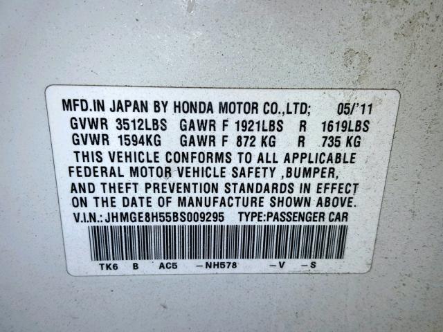 JHMGE8H55BS009295 - 2011 HONDA FIT SPORT WHITE photo 10