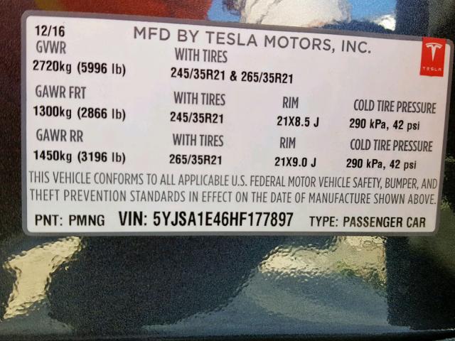 5YJSA1E46HF177897 - 2017 TESLA MODEL S ნაცრისფერი ფოტო 10