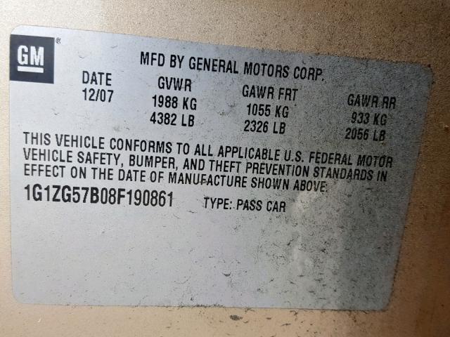 1G1ZG57B08F190861 - 2008 CHEVROLET MALIBU LS 棕色 照片 10