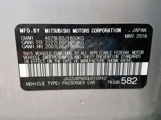 JA32U8FW3GU010840 - 2016 MITSUBISHI LANCER GT GRAY photo 10