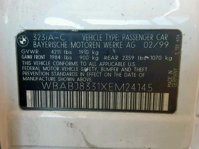 WBABJ8331XEM24145 - 1999 BMW 323 IC AUT WHITE photo 10