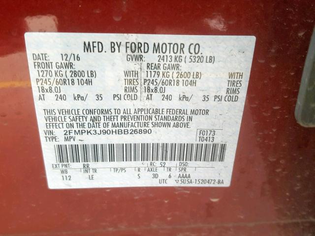 2FMPK3J90HBB26890 - 2017 FORD EDGE SEL RED photo 10