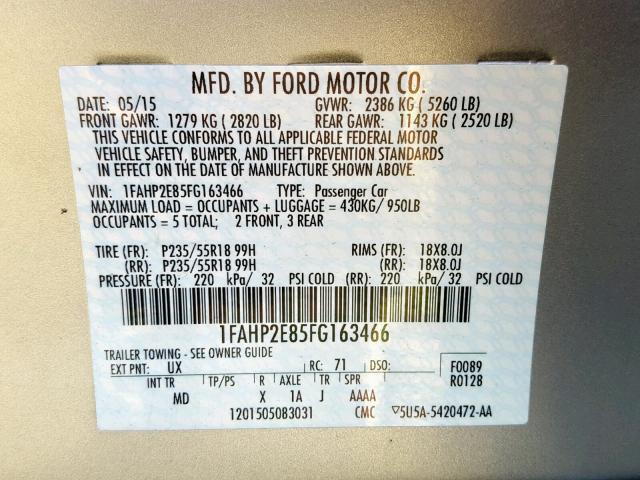 1FAHP2E85FG163466 - 2015 FORD TAURUS SEL SILVER photo 10