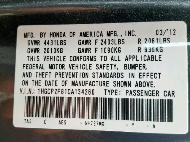 1HGCP2F81CA134260 - 2012 HONDA ACCORD EXL GRAY photo 10