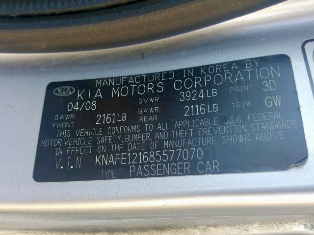 KNAFE121685577070 - 2008 KIA SPECTRA EX SILVER photo 10