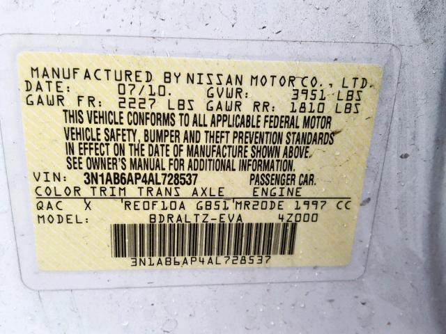 3N1AB6AP4AL728537 - 2010 NISSAN SENTRA 2.0 WHITE photo 10