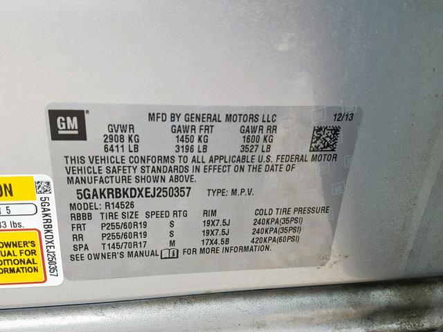 5GAKRBKDXEJ250357 - 2014 BUICK ENCLAVE SILVER photo 10