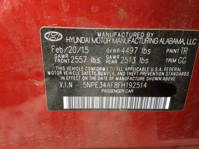 5NPE34AF8FH192514 - 2015 HYUNDAI SONATA SPO RED photo 10