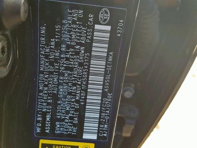 4T4BF1FK5GR543175 - 2016 TOYOTA CAMRY LE 黑色 照片 10