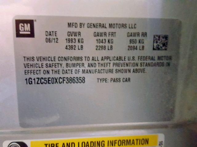 1G1ZC5E0XCF386358 - 2012 CHEVROLET MALIBU 1LT SILVER photo 10