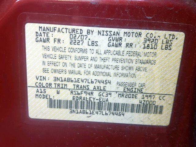 3N1AB61E47L674454 - 2007 NISSAN SENTRA 2.0 BURGUNDY photo 10