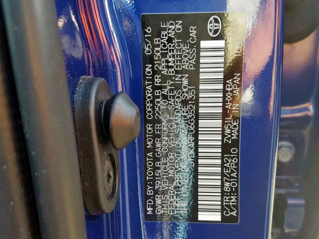 JTDKARFU6G3521351 - 2016 TOYOTA PRIUS BLUE photo 10