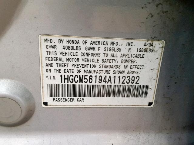 1HGCM56194A112392 - 2004 HONDA ACCORD DX GRAY photo 10