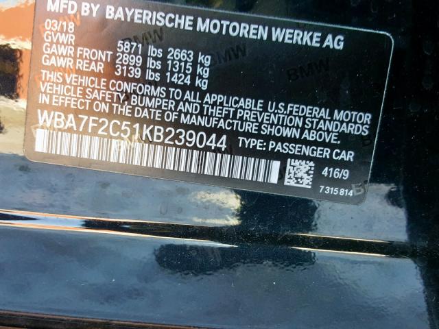 WBA7F2C51KB239044 - 2019 BMW 750 XI BLACK photo 10