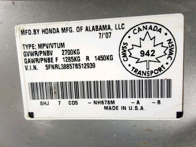 5FNRL38857B512939 - 2007 HONDA ODYSSEY TO SILVER photo 10