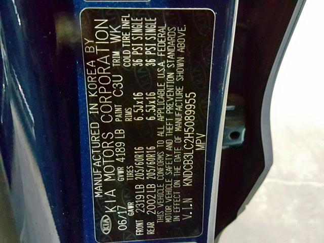 KNDCB3LC2H5089955 - 2017 KIA NIRO FE BLUE photo 10