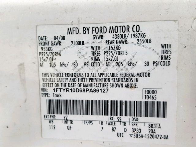 1FTYR10D68PA86127 - 2008 FORD RANGER WHITE photo 10