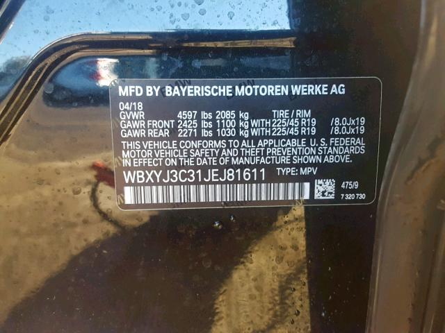 WBXYJ3C31JEJ81611 - 2018 BMW X2 SDRIVE2 BLACK photo 10