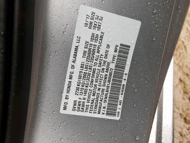 5FNRL6H81JB059072 - 2018 HONDA ODYSSEY TO SILVER photo 10