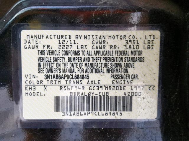 3N1AB6AP9CL684845 - 2012 NISSAN SENTRA 2.0 BLACK photo 10