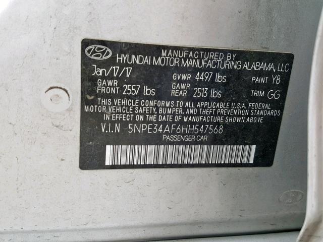 5NPE34AF6HH547568 - 2017 HYUNDAI SONATA SPO SILVER photo 10