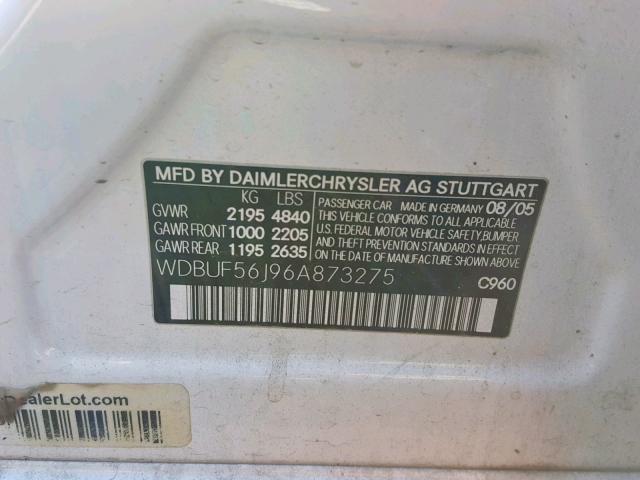 WDBUF56J96A873275 - 2006 MERCEDES-BENZ E 350 WHITE photo 10