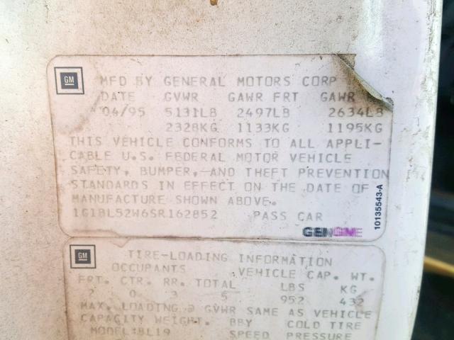 1G1BL52W6SR162852 - 1995 CHEVROLET CAPRICE CL WHITE photo 10