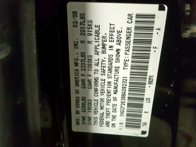 1HGCP26398A092321 - 2008 HONDA ACCORD BLACK photo 10