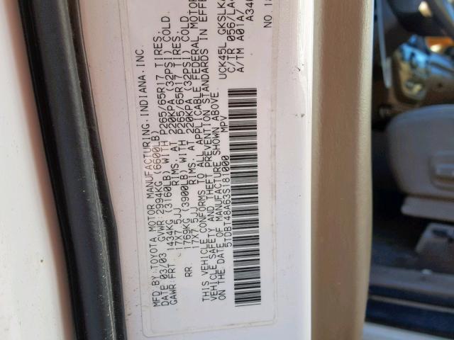 5TDBT48A63S181000 - 2003 TOYOTA SEQUOIA LI WHITE photo 10