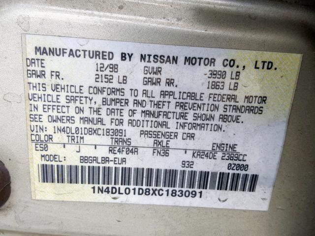 1N4DL01D8XC183091 - 1999 NISSAN ALTIMA XE GOLD photo 10