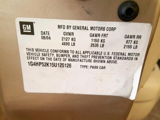 1G4HP52K15U125126 - 2005 BUICK LESABRE CU BEIGE photo 10