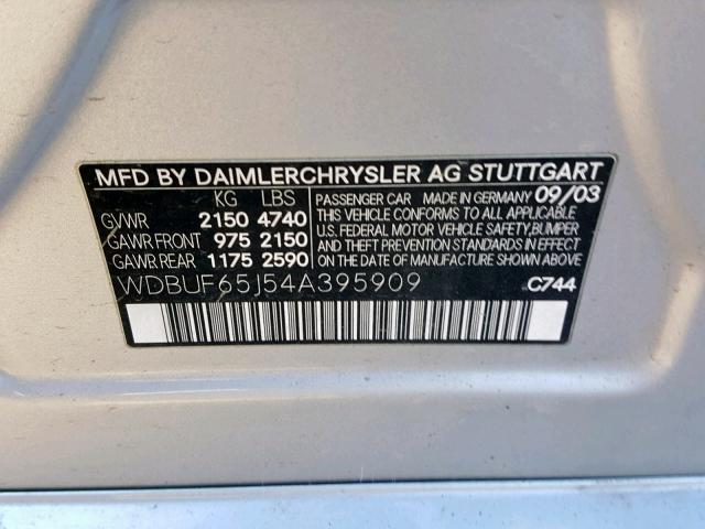 WDBUF65J54A395909 - 2004 MERCEDES-BENZ E 320 SILVER photo 10