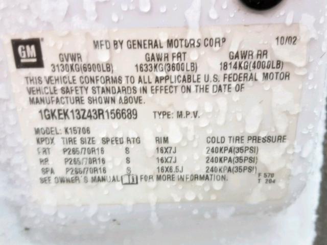 1GKEK13Z43R156689 - 2003 GMC YUKON WHITE photo 10