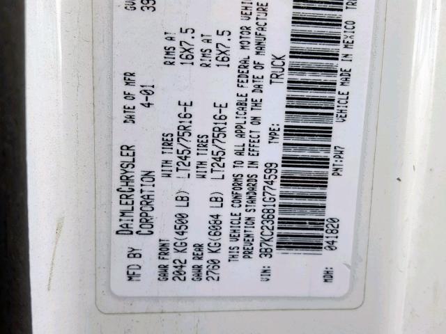 3B7KC23681G774599 - 2001 DODGE RAM 2500 WHITE photo 10