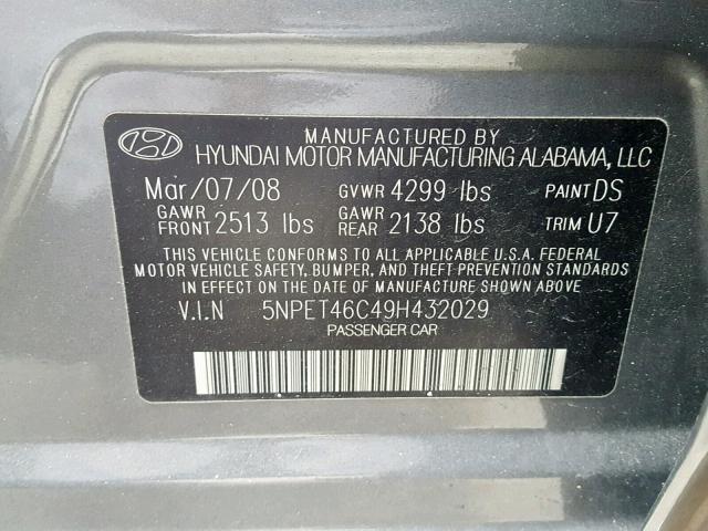 5NPET46C49H432029 - 2009 HYUNDAI SONATA GLS GRAY photo 10