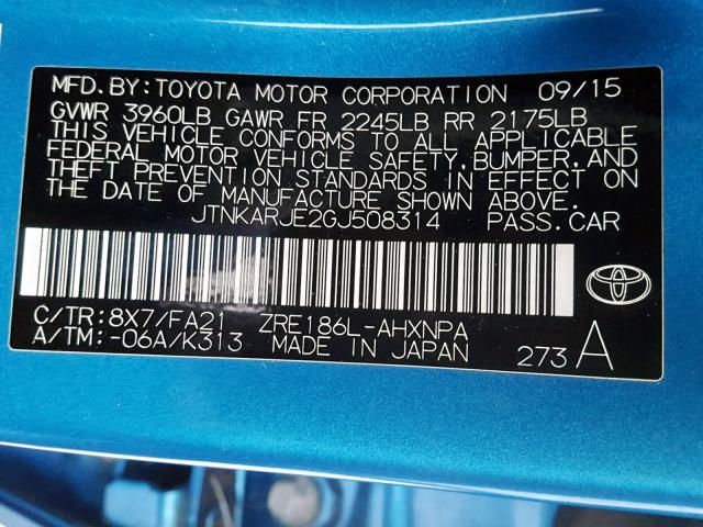 JTNKARJE2GJ508314 - 2016 TOYOTA SCION IM BLUE photo 10