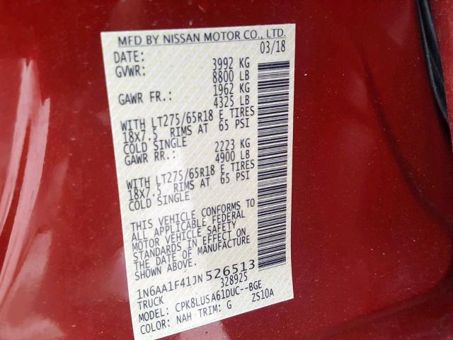 1N6AA1F41JN526513 - 2018 NISSAN TITAN XD S RED photo 10